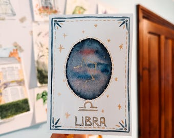Handmade Watercolour Libra Card | Hand-Painted Star Sign | Libra Constellation | Gold Galaxy | Blank Inside | Birthday Gift
