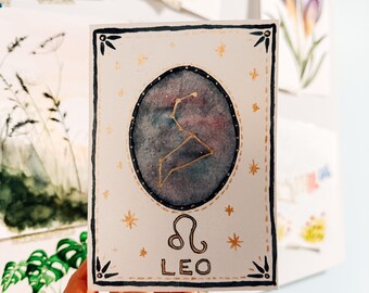 Handmade Watercolour Leo Card | Hand-Painted Star Sign | Leo Constellation | Gold Galaxy | Blank Inside | Birthday Gift