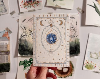 Handmade Watercolour Sapphire Card | September Birthstone | Witchcore Celestial Detail | Blue & Gold | Blank Inside | Birthday Gift