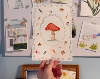 Original Watercolour Painting | Autumn Toadstool Art | Cottagecore Wall Art | A5 | Home Decor