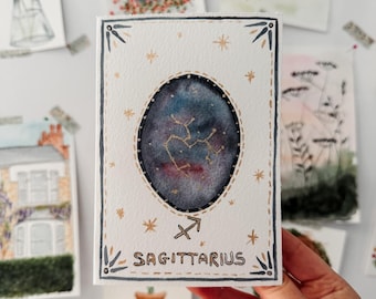 Handmade Watercolour Sagittarius Card | Hand-Painted Star Sign | Sagittarius Constellation | Gold Galaxy | Blank Inside | Birthday Gift