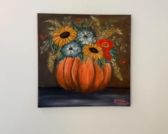 Original Acrylic Painting | Pumpkin Vase Floral Art | Impressionist Autumn | Orange & Blue | 35x35cm Canvas | Signed