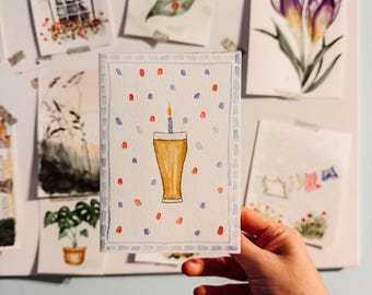 Handmade Watercolour Beer Card | Hand-Painted Birthday Pint | Blank Inside | Dad, Husband, Beer Lover