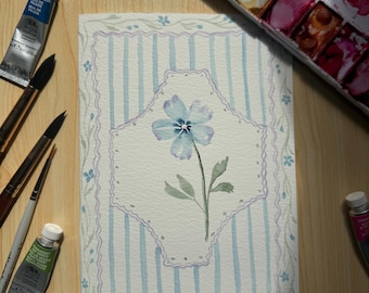 Hand-Painted Blue Flower Card | Cottagecore Watercolour Floral Art (5" x 7")
