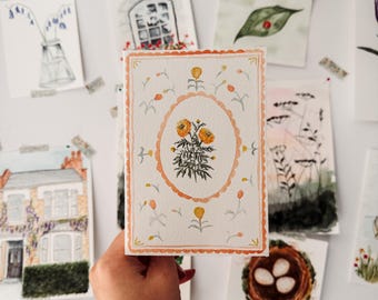 Handmade Watercolour Marigold Card | October Birth Flower | Cottagecore Floral | Blank Inside | Birthday Gift