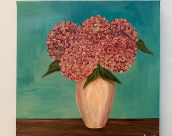 Original Acrylic Painting | Hydrangea Floral Art | Teal & Dusky Pink | 40x40cm Canvas | Signed | Home Decor Wall Art