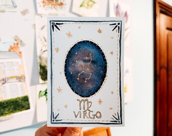 Handmade Watercolour Virgo Card | Hand-Painted Star Sign | Virgo Constellation | Gold Galaxy | Blank Inside | Birthday Gift