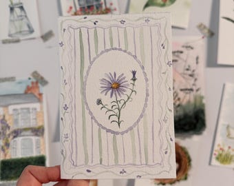 Handmade Watercolour Aster Card | September Birth Flower | Cottagecore Folk Art | Blank Inside | Birthday Gift