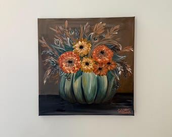 Original Acrylic Painting | Pumpkin Vase Floral Art | Impressionist Autumn | Teal & Orange | 35x35cm Canvas | Signed