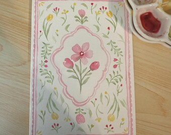 Hand-Painted Floral Watercolour Card | Cottagecore Botanical Art, Pink Flowers (Blank Inside)