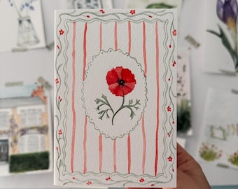 Handmade Watercolour Poppy Card | August Birth Flower | Cottagecore Floral | Blank Inside | Birthday Gift