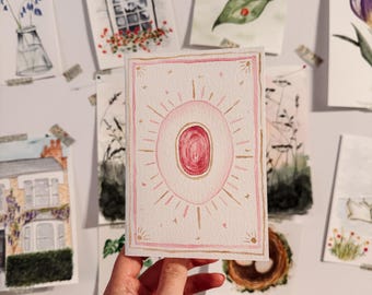 Handmade Watercolour Tourmaline Card | October Birthstone | Witchcore Celestial Detail | Pink & Gold | Blank Inside | Birthday Gift
