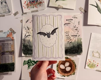 Handmade Watercolour Bat Card | Cute Halloween Card | Cottagecore Detail | Blank Inside | Halloween, Autumn
