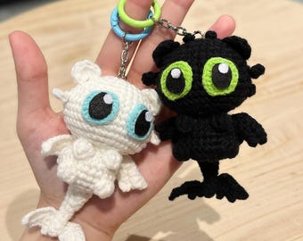 Crochet Toothless & Light Fury Dragon Keychain, Amigurumi Dragon Keyring, Cute Kawaii Plush Bag Charm, Handmade  Gift for Dragon Lovers