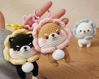 Gehäkelte Shiba Inu Blume Schlüsselbund, Kawaii Amigurumi Hund Schlüsselring, handgemachter niedlicher Welpe Plüschanhänger, Geschenk für Hundeliebhaber, Taschenanhänger Zubehör