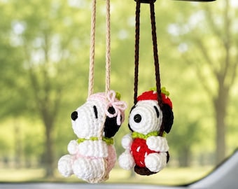 Handmade Crochet Snoopy Car Charm & Plush, Strawberry Snoopy Rearview Mirror Ornament, Cute Amigurumi Gift, 2 Size Options Snoopy Peanuts