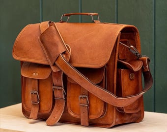 Personalized Full Grain Leather Messenger Bag | 13” – 18” Handmade Vintage Brown Laptop Briefcase, Office Satchel