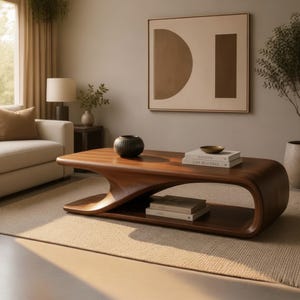 May include: A contemporary, curved wooden coffee table with a dark, rich finish. The table has a unique, flowing design with a lower shelf. Books and a small bowl are placed on top. The table sits on a neutral-toned rug. The table is approximately 150 cm long.
