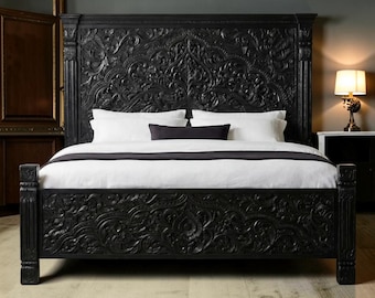 Gothic Boho Black Bed, Hand Carved Mandala Headboard, Solid Wood Platform