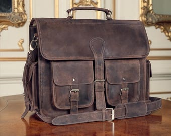 Messenger en cuir de buffle personnalisé | Porte-documents brun pour ordinateur portable 16" 18" fait main pour lui