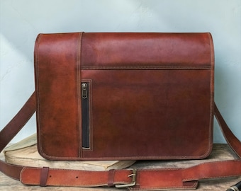 Bolso bandolera de piel de grano completo hecho a mano de 13” – 18” / Maletín bandolera vintage personalizado para portátil para él y para ella