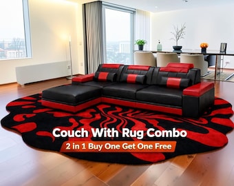 Leather Modern Black & Red Sectional Sofa with Abstract Rug Combo, Luxury L-Shaped Couch, Storage Chaise, LED Accent Shelves