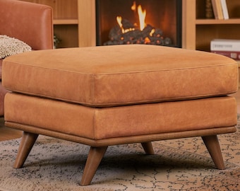 Italian Leather Ottoman Coffee Table – Full-Grain Cognac Tan Square Furniture