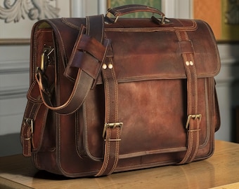 Personalized Crossbody Leather Messenger Bag | 13”– 18” Vintage Laptop Briefcase, Office Satchel