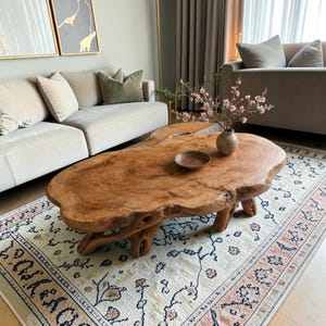 Live Edge Elm Coffee Table – Solid Wood Root Base Low Table