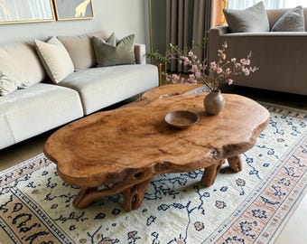Live Edge Elm Coffee Table – Solid Wood Root Base Low Table