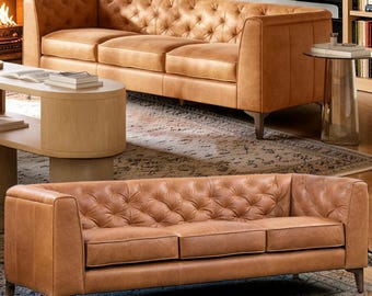 Italian Leather Tufted Sofa – Mid Century Modern 3-Seater Couch, Cognac Tan Loveseat
