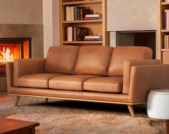 Moderne 3-zitsbank – Italiaanse volnerf leren bank, gecapitonneerde bekleding