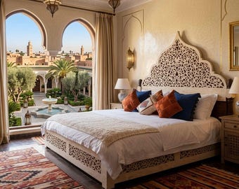 Cama de casal king size vintage com incrustações de osso de camelo e mesas de cabeceira, decoração de quarto marroquina.