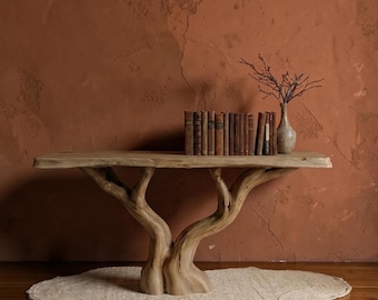 無垢のニレ材を使用したライブエッジコンソールテーブル｜彫刻的な樹木ベースの玄関家具