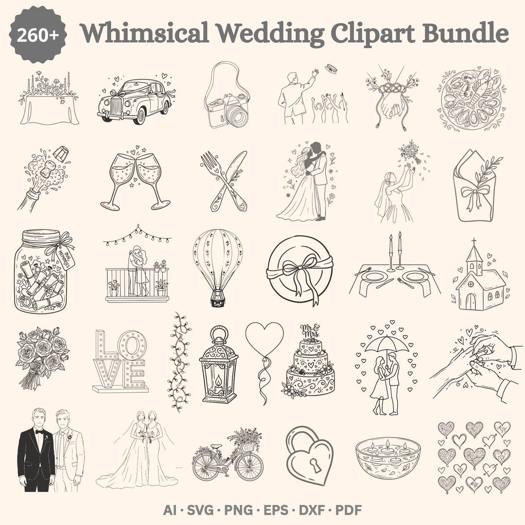 Whimsical Wedding Clipart Bundle, Hand Drawn Bridal Illustrations, SVG ...