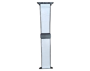 Premium Customizable White Leather Apple Watch Strap – Alligator Texture Stitching Folding Buckle Gifts for Him Her Series SE Ultra