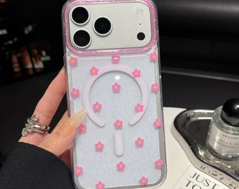 Élégante coque de portable rose personnalisable à paillettes florales MagSafe - Silicone transparent imprimé fleurs Cadeaux pour lui et son iPhone Samsung Pixel Motorola
