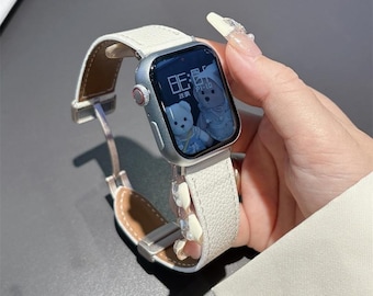 Classic Customizable White Leather Apple Watch Strap – Grainy Texture Stitching Folding Buckle Gifts for Him Her
