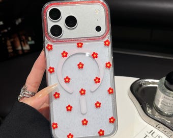 Élégante coque de portable personnalisable MagSafe à fleurs rouges et fleurs - Silicone transparent imprimé fleurs Cadeaux pour lui et son iPhone Samsung Pixel Motorola