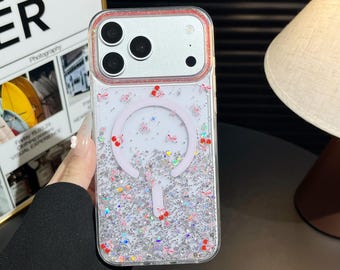 Coque de portable esthétique personnalisable cerises MagSafe à paillettes - Coque transparente scintillante et esthétique Cadeaux pour lui et son iPhone Samsung Pixel