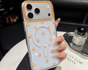 Élégante coque de portable personnalisable MagSafe à fleurs orange et fleurs - Silicone transparent imprimé fleurs Cadeaux pour lui et son iPhone Samsung Pixel Motorola