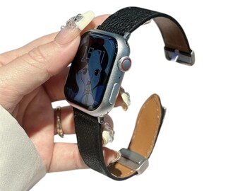 Classic Customizable Black Leather Apple Watch Strap – Grainy Texture Stitching Folding Buckle Gifts for Him Her