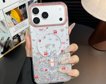 Coque de portable personnalisable MagSafe à paillettes fraises et esthétiques - Cadeaux pour lui et son iPhone, Coque transparente et esthétique scintillante Samsung Pixel