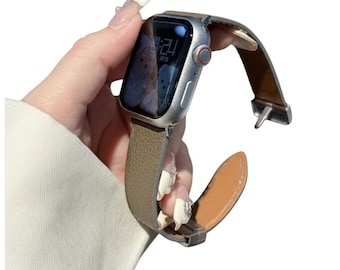 Classic Customizable Grey Leather Apple Watch Strap – Grainy Texture Stitching Folding Buckle Gifts for Him Her