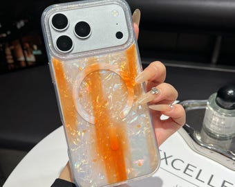 Élégante coque de portable personnalisable orange lueur marbrée MagSafe - Coque brillante irisée Cadeaux pour lui et son iPhone Samsung Pixel Motorola