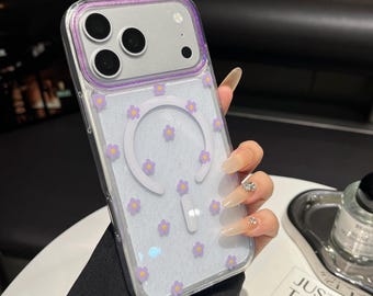 Élégante coque de portable personnalisable MagSafe à fleurs violettes et paillettes - Silicone transparent imprimé fleurs Cadeaux pour lui et son iPhone Samsung Pixel