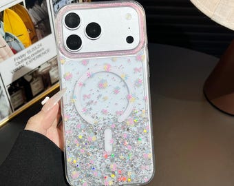 Coque de portable esthétique personnalisable MagSafe avec ruban rose à paillettes florales - Coque transparente scintillante et esthétique Cadeaux pour lui et son iPhone Samsung Pixel