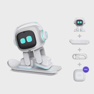 May include: A white robot toy with a black screen face and blue square eyes is shown on a white snowboard. The robot has a headset with blue accents. Additional components include a charging base, a USB cable, and a small square case with the word "EMO".