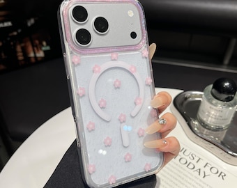 Élégante coque de téléphone personnalisable MagSafe à fleurs roses douces et paillettes - Silicone transparent imprimé fleurs Cadeaux pour lui et son iPhone Samsung Pixel