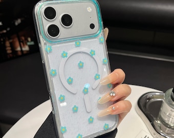 Élégante coque de téléphone personnalisable MagSafe à paillettes florales bleu sarcelle - Silicone transparent imprimé fleurs Cadeaux pour lui et son iPhone Samsung Pixel